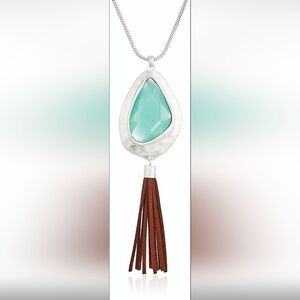 The Sak Silver Aqua Stone & Tassel Pendant Necklace NWT 28"
